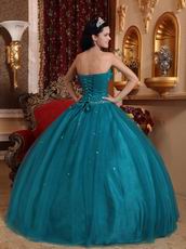 Dark Cyan Quinceanera Dress With Handmade Flower Side