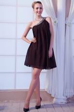 One Shoulder Crystals Brown Chiffon Short Graduation Dress