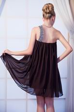 One Shoulder Crystals Brown Chiffon Short Graduation Dress