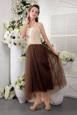 Brown Halter Tea-length Short Evening Dress With Lace