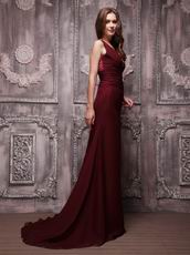 V-neckline Burgundy Chiffon Oscar Evening Dress For Cheap