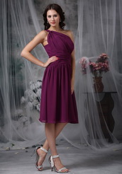 One Shoulder Knee-length Purple Chiffon Dress Bridesmaid lovely