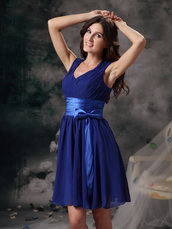 V-neck Mini-length Royal Blue Chiffon Bridesmaid Dress lovely