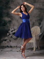 V-neck Mini-length Royal Blue Chiffon Bridesmaid Dress lovely