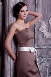 Brown Strapless Tea-length Bridesmaid Dress With Ribbon lovely