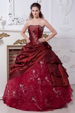 Burgundy Taffeta Prom Ball Gown With Embroidery Emberllishments