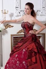 Burgundy Taffeta Prom Ball Gown With Embroidery Emberllishments