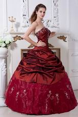 Burgundy Taffeta Prom Ball Gown With Embroidery Emberllishments