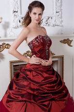 Burgundy Taffeta Prom Ball Gown With Embroidery Emberllishments