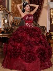 Basque Burgundy Quinceanera Dresses With Ruffled Flowers