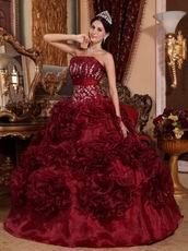 Basque Burgundy Quinceanera Dresses With Ruffled Flowers