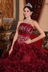 Basque Burgundy Quinceanera Dresses With Ruffled Flowers