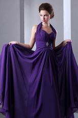 Halter Sweetheart Indigo Chiffon Long A-line Prom Dress By Designer