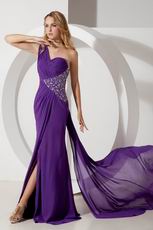 One Shoulder Panel Purple Chiffon With Split Prom Dresses Beautiful