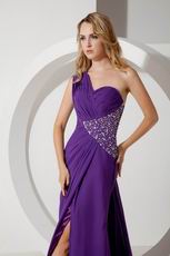 One Shoulder Panel Purple Chiffon With Split Prom Dresses Beautiful