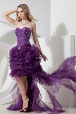 Custom High Low Ruffled Skirt Grape Prom Dress With Crystals