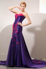 Purple Blue Evening Dresss With Red Handmade Flowers