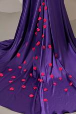 Purple Blue Evening Dresss With Red Handmade Flowers