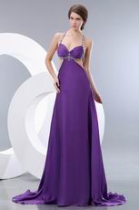 Affordable Crystals Exposed Backless Purple Evening Dress