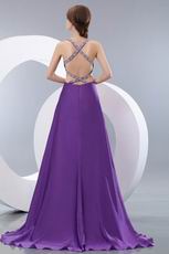 Affordable Crystals Exposed Backless Purple Evening Dress