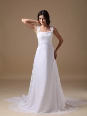 Straps Square White Chiffon Lace Wedding Dress For Beach