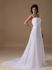 Straps Square White Chiffon Lace Wedding Dress For Beach