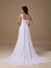 Straps Square White Chiffon Lace Wedding Dress For Beach