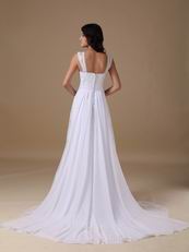Straps Square White Chiffon Lace Wedding Dress For Beach