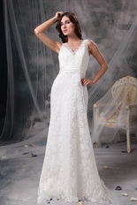 Column V-neck Floor Length Beach Wedding Dress White Lace Romantic