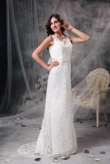 Column V-neck Floor Length Beach Wedding Dress White Lace Romantic