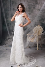 Column V-neck Floor Length Beach Wedding Dress White Lace Romantic