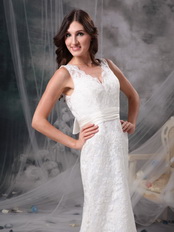 Column V-neck Floor Length Beach Wedding Dress White Lace Romantic