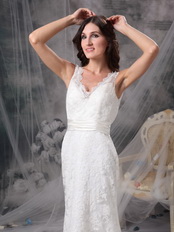 Column V-neck Floor Length Beach Wedding Dress White Lace Romantic