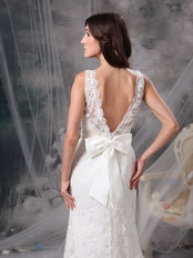 Column V-neck Floor Length Beach Wedding Dress White Lace Romantic