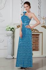 Blinking One Shoulder Bowknot Sequin Blue Cocktail Dress