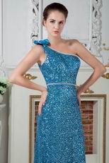 Blinking One Shoulder Bowknot Sequin Blue Cocktail Dress