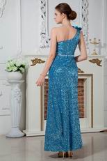 Blinking One Shoulder Bowknot Sequin Blue Cocktail Dress