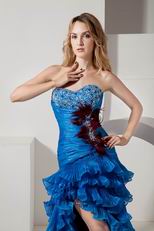 Unique Ruffle Layers Skirt Blue Cocktail Dress With Feather