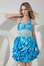 Halter Ruffles Skirt Blue Cocktail Dress For Cheap Price