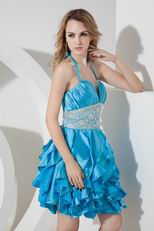 Halter Ruffles Skirt Blue Cocktail Dress For Cheap Price