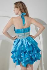 Halter Ruffles Skirt Blue Cocktail Dress For Cheap Price