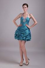 Teal Halter Designer Mini Cocktail Dress With Rhinestone