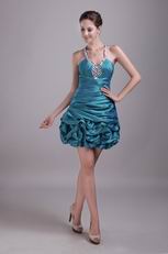 Teal Halter Designer Mini Cocktail Dress With Rhinestone