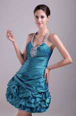 Teal Halter Designer Mini Cocktail Dress With Rhinestone