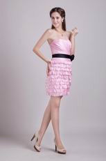 Pink Mini-length Layers Cocktail Party Dress With Belt