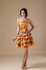 Sun Orange Cocktail Dress With Leopard Fabric Layers Skirt