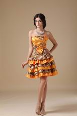 Sun Orange Cocktail Dress With Leopard Fabric Layers Skirt