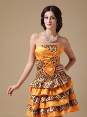 Sun Orange Cocktail Dress With Leopard Fabric Layers Skirt