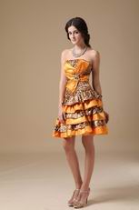 Sun Orange Cocktail Dress With Leopard Fabric Layers Skirt