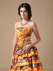 Sun Orange Cocktail Dress With Leopard Fabric Layers Skirt